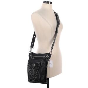 NWT Silver Skull Black faux leather Biker Style Crossbody bag